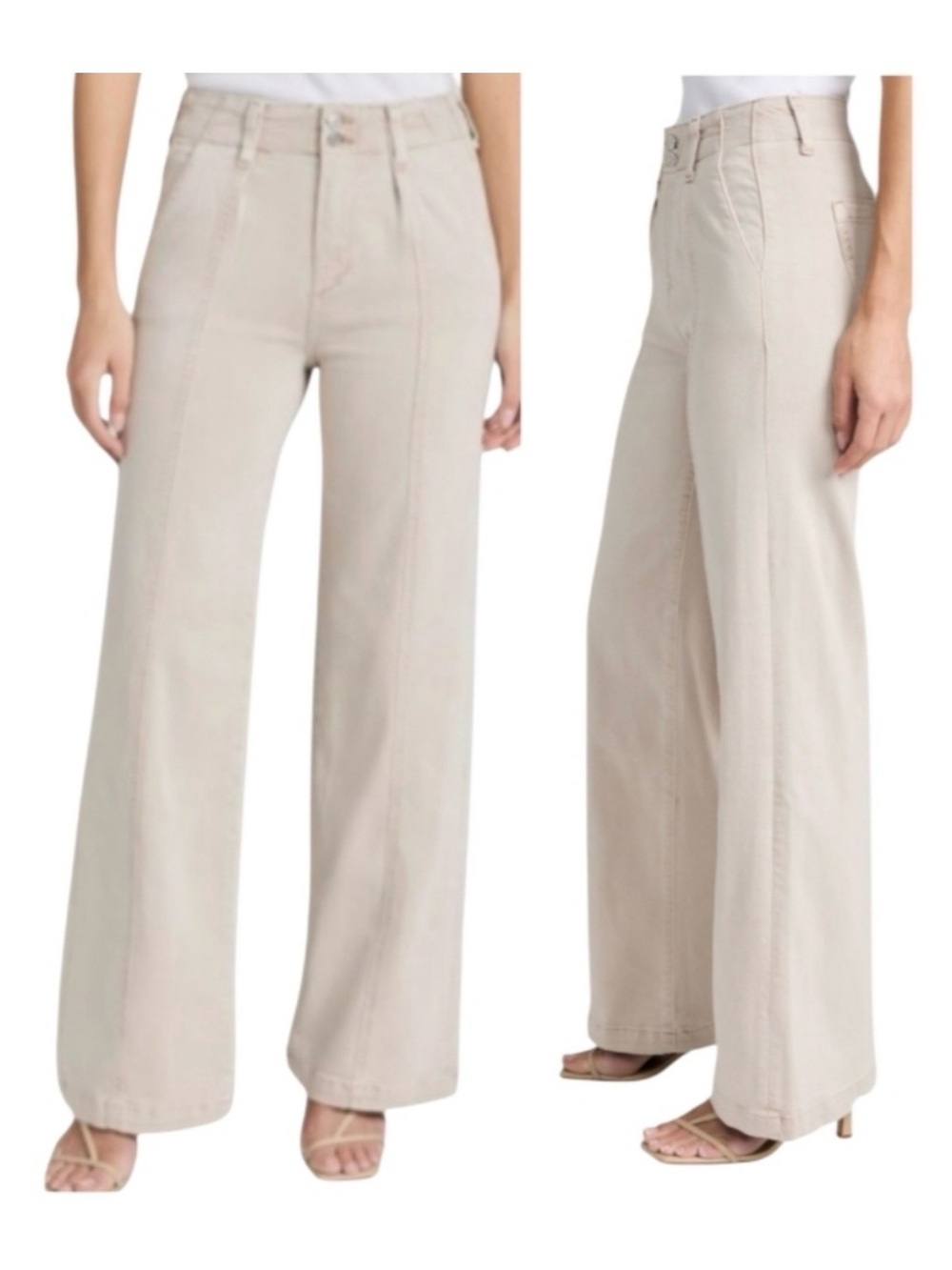 PAIGE Brooklyn Double Button High Rise Wide Leg Pants Women’s 28 Beige Stretch
